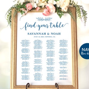 Navy Blue Wedding Seating Chart Template, Wedding Seating Chart Poster, Wedding Seating Chart Signs, Editable, Modern Calligraphy, VWC88
