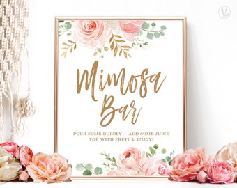 Blush Pink Floral Mimosa Bar Sign, Printable Mimosa Bar Sign, Bridal Shower Mimosa Bar Sign, Floral, Gold, VWC95