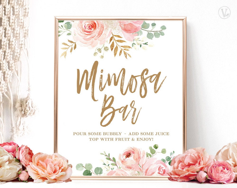 Mimosa Bar Sign Juice Labels Tags Templates, Blush Pink Floral Design, M1