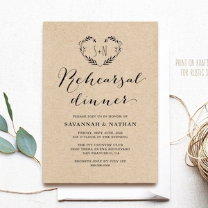 Editable Rehearsal Dinner Invitation Card Template, Rustic Rehearsal Dinner Card, Printable, 5x7, Kraft, Heart Wreath, VW08