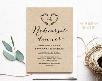 Editable Rehearsal Dinner Invitation Card Template, Rustic Rehearsal Dinner Card, Printable, 5x7, Kraft, Heart Wreath, VW08