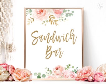 Sandwich Bar Sign, Printable Sandwich Table Sign, Bridal Shower Sign, 8x10, Boho, Blush Pink Floral, VWC95