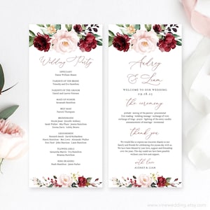 May include: Wedding ceremony program with burgundy and blush floral design. The program includes the officiant, parents of the bride and groom, wedding party, and ceremony details. The text "Audrey & Liam" is featured at the top of the program.