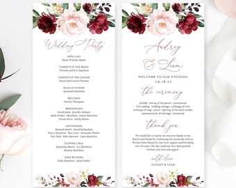 Wedding Program Template, Printable Wedding Programs, Editable, 2 Sizes, Marsala, Plum, Wine, Fall, Burgundy Pink Floral, VWT14