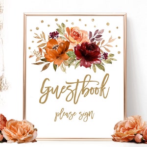 Guestbook Sign, Printable Guest Book Sign, Wedding, Bridal Shower, Fall, Autumn, Sienna, Burnt Orange, Floral, Boho, Gold, VWC76, VWC74