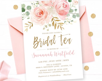 Blush Pink Floral Bridal Tea Invitation Template, Printable Bridal Shower Tea Party Invitation Card, Blush Pink and Gold, VWC95