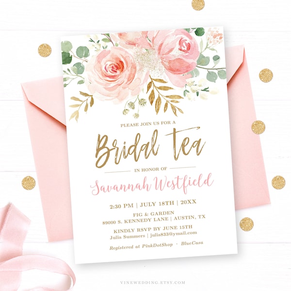 Blush Pink Floral Bridal Tea Invitation Template, Printable Bridal Shower Tea Party Invitation Card, Blush Pink and Gold, VWC95