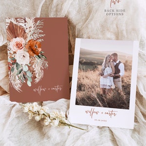 May include: Two wedding invitation designs are shown. One is a terracotta card with floral and pampas grass illustrations. The other is a photograph of a couple. Both cards have the text "willow + carter".