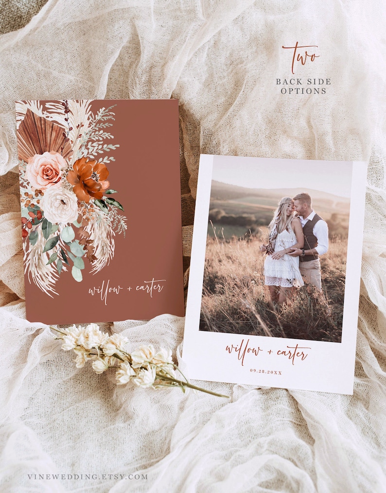 May include: Two wedding invitation designs are shown. One is a terracotta card with floral and pampas grass illustrations. The other is a photograph of a couple. Both cards have the text "willow + carter".