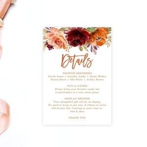 Autumn Floral Details Card, Editable Details Card, Wedding, Printable, Fall, Autumn, Sienna, Rust, Burnt Orange, Floral, Gold, VWC76, VWC74