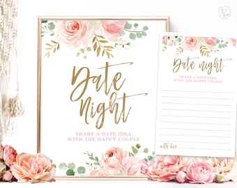 Date Night Sign and Notecards, Printable Bridal Shower Date Dight Sign and Note Card,  Floral, Blush Pink, Gold, VWC95