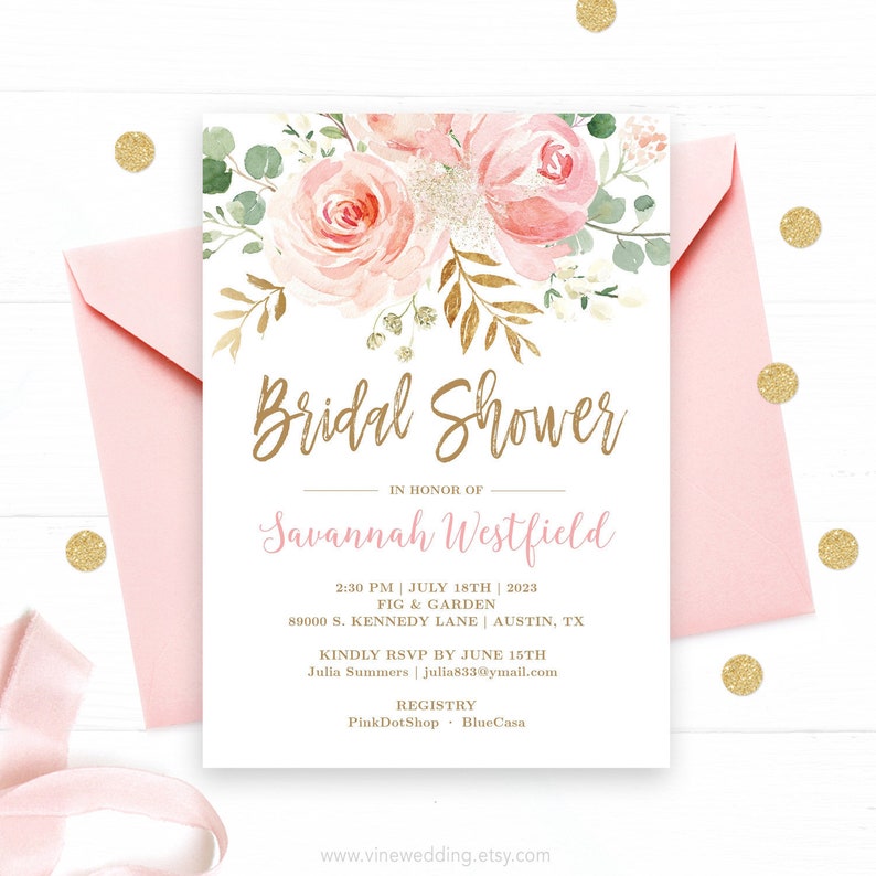 Bridal Shower Invitation Template, Editable, Printable Bridal Shower Invitation Card, Blush Pink Floral, Gold, VWC95 