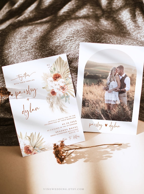 Boho Wedding Invitation Suite, Editable Wedding Invitation Template Download, Printable, Palm, Pampas, Floral, Modern Script, VWC70