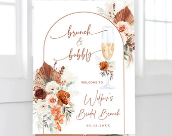 Boho Brunch & Bubbly Welcome Sign, Editable Boho Bridal Brunch Sign Template, Printable, Pampas, Floral, Arch, Terracotta, Rust, VWC71