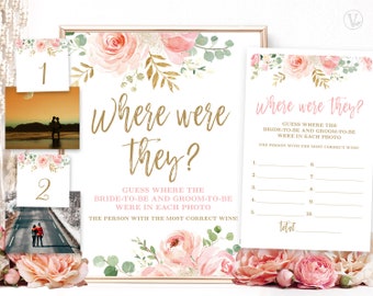 Where Were They Game, Printable Bridal Shower Game Sign, Cards & Numbers 1-10, Floral, Blush Pink, Gold, VWC95