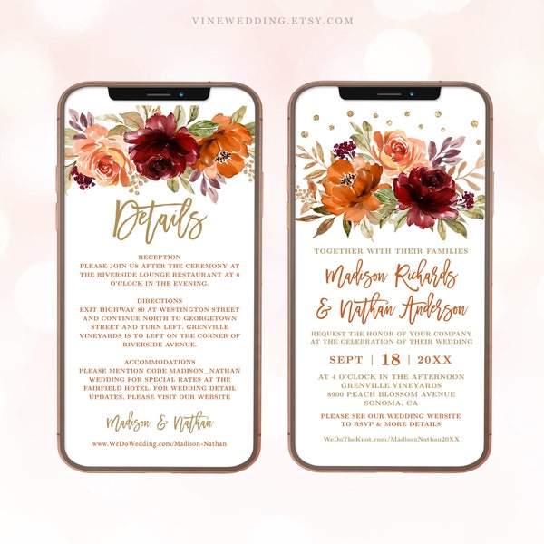 Digital Wedding Invitation Template, Editable, Mobile Invitation, Evite, Fall, Autumn, Sienna, Burnt Orange, Floral, Gold, VWC74