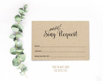 Printable Song Request Card, Wedding Song Request Card, DIY, Kraft, Rustic, VW01