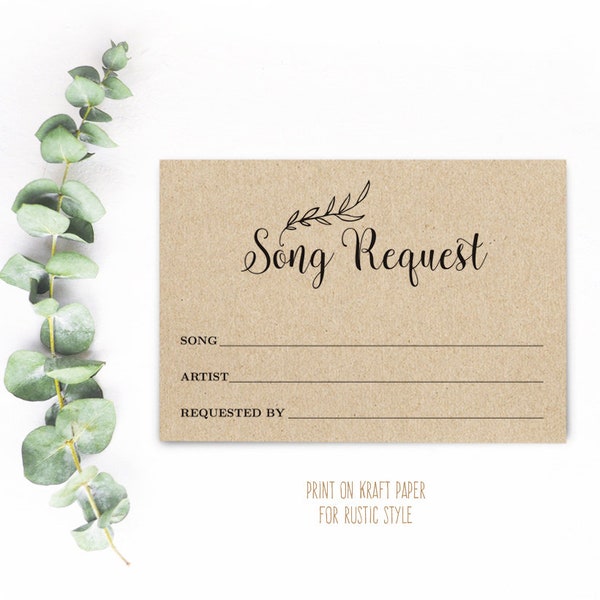 Printable Song Request Card, Wedding Song Request Card, DIY, Kraft, Rustic, VW01