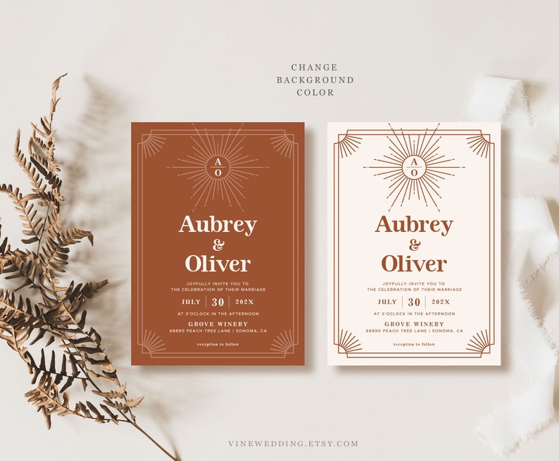 Peut inclure: Deux mod&egrave;les de faire-part de mariage. L'un est terracotta avec du texte blanc, l'autre est cr&egrave;me avec du texte marron. Les deux pr&eacute;sentent les noms "Aubrey & Oliver", la date, l'heure et le lieu. Le texte "Change Background Color" est en haut.
