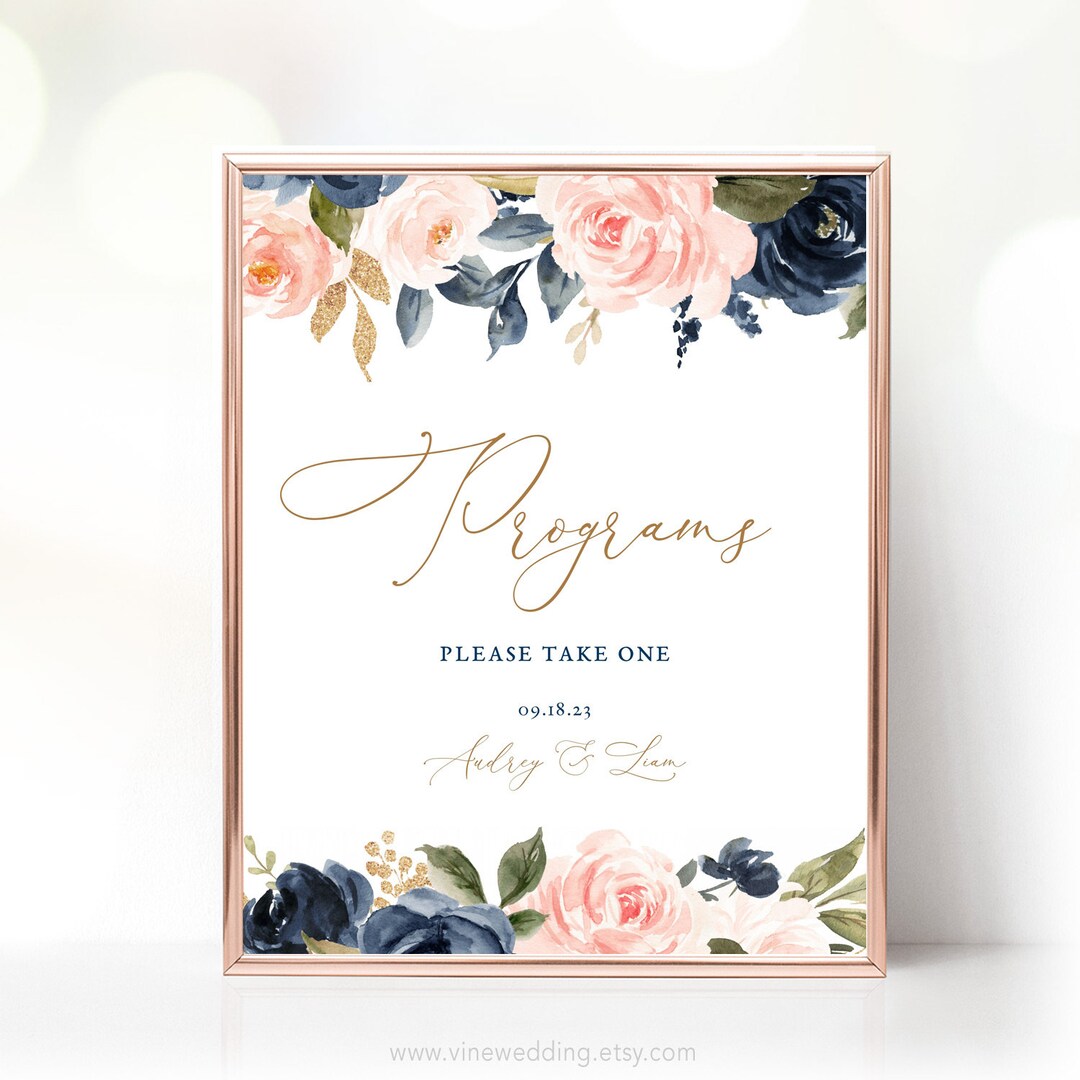 Wedding Programs Sign, Printable Programs Sign Template, Editable, Navy ...