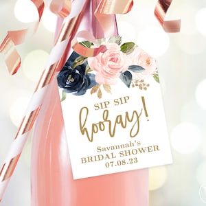 Sip Sip Hooray! Champagne or Wine Favor Tags, Printable Bridal Shower Favor Tag Template, Editable, Navy, Blush, Pink, Floral, VWC78
