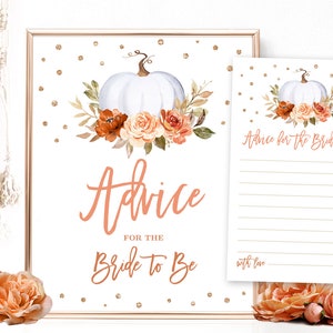 Advice for the Bride to Be Sign and Cards, Bridal Shower, Bridal Shower Game, Wishes for Bride, Fall, Autumn, Pumpkin, Floral, VWC75