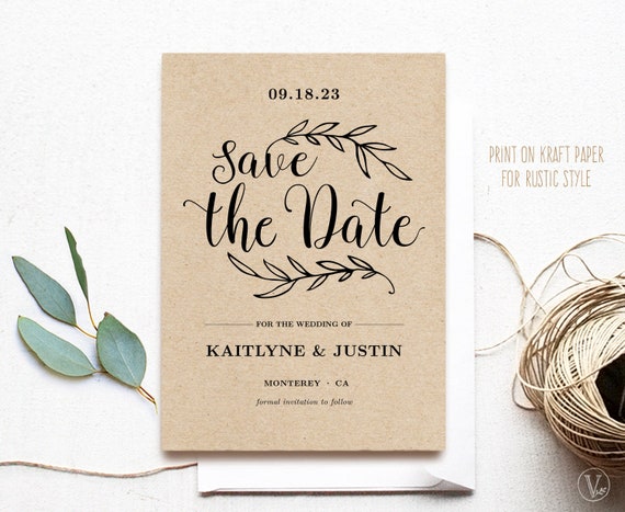 Save the Date Card, Printable Save the Date Template, Wedding Save the Date  Card, Rustic Kraft Save the Date Card, VW01 