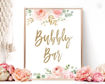 Blush Pink Floral Bubbly Bar Sign, Printable Bubbly Bar Sign, Bridal Shower Bubbly Bar Sign, Floral, Gold, VWC95