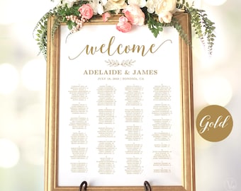 Gold Wedding Seating Chart Template, Wedding Seating Chart Poster, Elegant Gold Seating Chart, Editable, Modern Calligraphy, VWC88