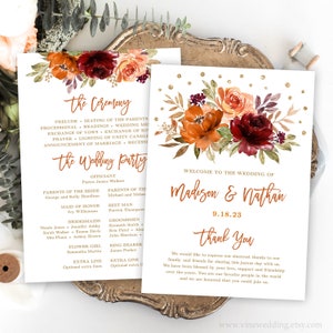 Fall Wedding Programs, Printable Wedding Program Template, Editable, 5x7, Burnt Orange, Burgundy, Rust, Floral, Autumn, Sienna, Boho, VWC74