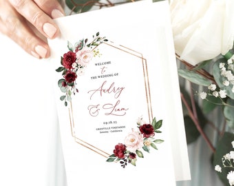 Folded Wedding Program, Editable Bifold Wedding Program Template, Editable, Foldable, Multiple Page, Printable, Burgundy Pink Floral, VWT14