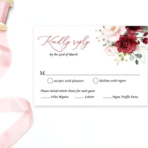 Wedding RSVP Card Template, Printable Wedding RSVP Insert Card, Editable Text, Burgundy Pink Floral, Plum, Blush, VWT14 bild 1