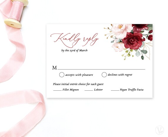 Wedding RSVP Card Template, Printable Wedding RSVP Insert Card, Editable Text, Burgundy Pink Floral, Plum, Blush, VWT14