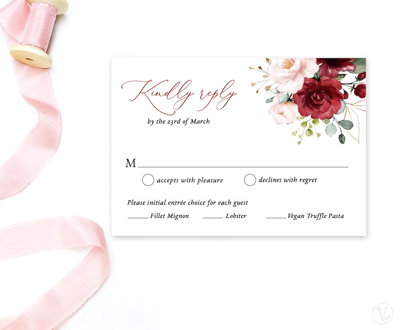 Wedding RSVP Card Template, Printable Wedding RSVP Insert Card, Editable Text, Burgundy Pink Floral, Plum, Blush, VWT14 bild 1