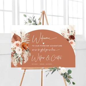 Arch Wedding Welcome Sign, Editable Wedding Welcome Sign Template, Boho Wedding Sign, Printable, Landscape, Pampas, Terracotta, Rust, VWC72
