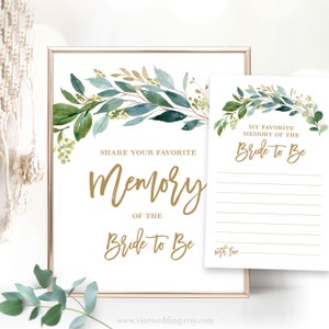 Favorite Memory of the Bride to Be Sign and Cards, Bridal Shower, Bridal Shower Game, Activity, Write a Memory, Rustic, Boho Greenery, VWC79