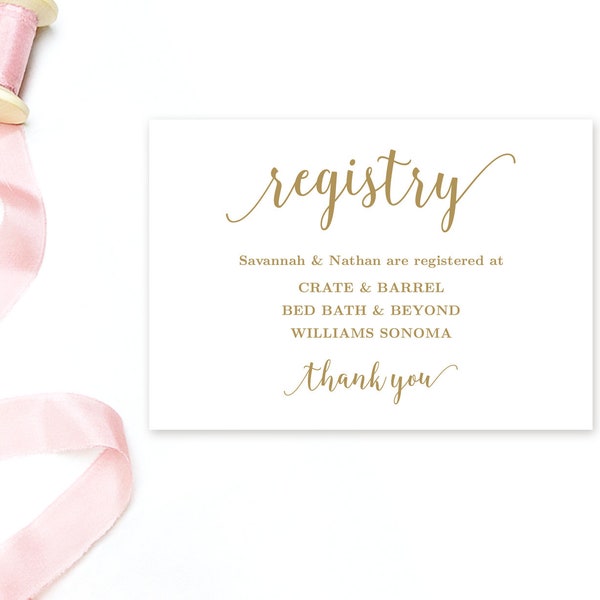 Gold Gift Registry Card Template, Printable Wedding Registry Card, Editable Text, Modern Calligraphy, VWC88