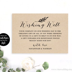 Wishing Well Card Template, Editable Wishing Well Card, DIY Wishing Well Cards, Printable, Rustic, Heart Wreath, VW08