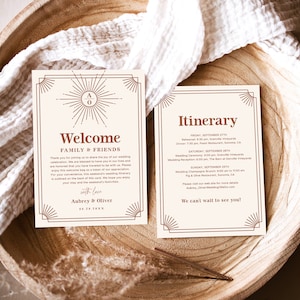 Wedding Bag Welcome and Itinerary Card Template, Editable Itinerary Card, Wedding Welcome Letter Card, 5x7, Retro, Boho, Mid Century, VWC68