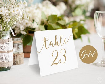 Gold Wedding Table Number Template, Printable Tent Style Table Numbers, Editable, 5x5 Folded, VWC88