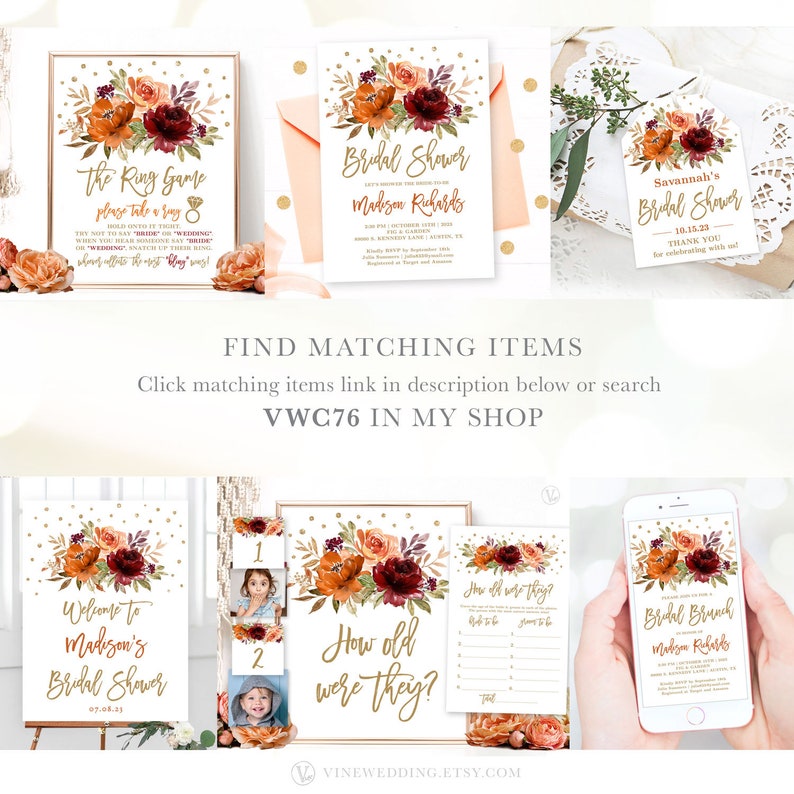 Puede incluir: Un conjunto de papeler&iacute;a para despedida de soltera con dise&ntilde;os florales en naranja, burdeos y dorado. Incluye invitaciones, etiquetas y carteles de juegos. El texto incluye "Bridal Shower", "The Ring Game" y "How old were they?"