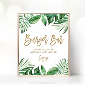 Tropical Greenery Burger Bar Sign, Printable Burger Bar Sign, Bridal Shower Burger Bar Sign, Palm Leaves, Gold, VWC81