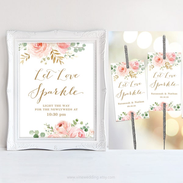 Sparkler Tag & Sign Set, Printable Sparkler Send Off Sign, Wedding Sparkler Tags, Blush Pink Floral, VWC94