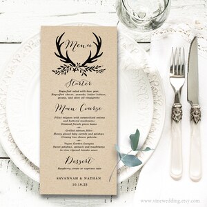 Editable Rustic Wedding Menu Template, Printable Wedding Menu, DIY, Kraft, Tall, Rustic Antler, VW19