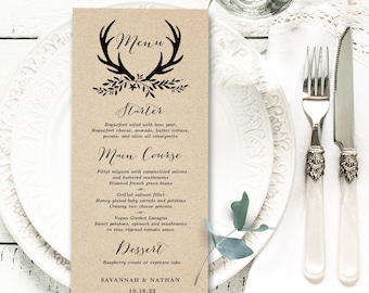 Editable Rustic Wedding Menu Template, Printable Wedding Menu, DIY, Kraft, Tall, Rustic Antler, VW19