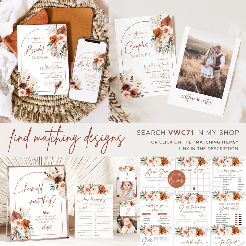 Bridal Brunch Invitation, Boho Bridal Brunch Invitation Template, Printable, Editable, Pampas, Floral, Arch, Rust, Terracotta, VWC71 image 6