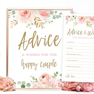 Advice & Wishes for the Happy Couple Sign and Notecards, Printable Bridal Shower Advice and Wishes Sign,  Floral, Blush Pink, Gold, VWC95