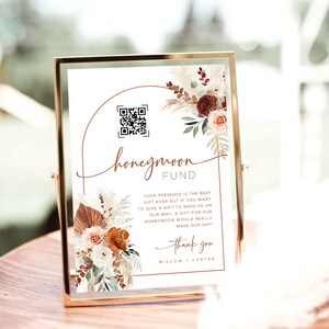 Honeymoon Fund QR Code Sign Template, Editable Honeymoon Fund Sign, Boho, Arch, Terracotta, Rust, Burnt Orange, Floral, Printable, VWC72