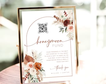 Honeymoon Fund QR Code Sign Template, Editable Honeymoon Fund Sign, Boho, Arch, Terracotta, Rust, Burnt Orange, Floral, Printable, VWC72