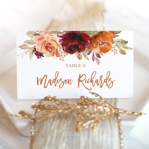 Editable Place Card and Escort Card Templates, Printable Place Cards, Tented and Flat, Fall, Autumn, Sienna, Rust, Floral, VWC76, VWC74